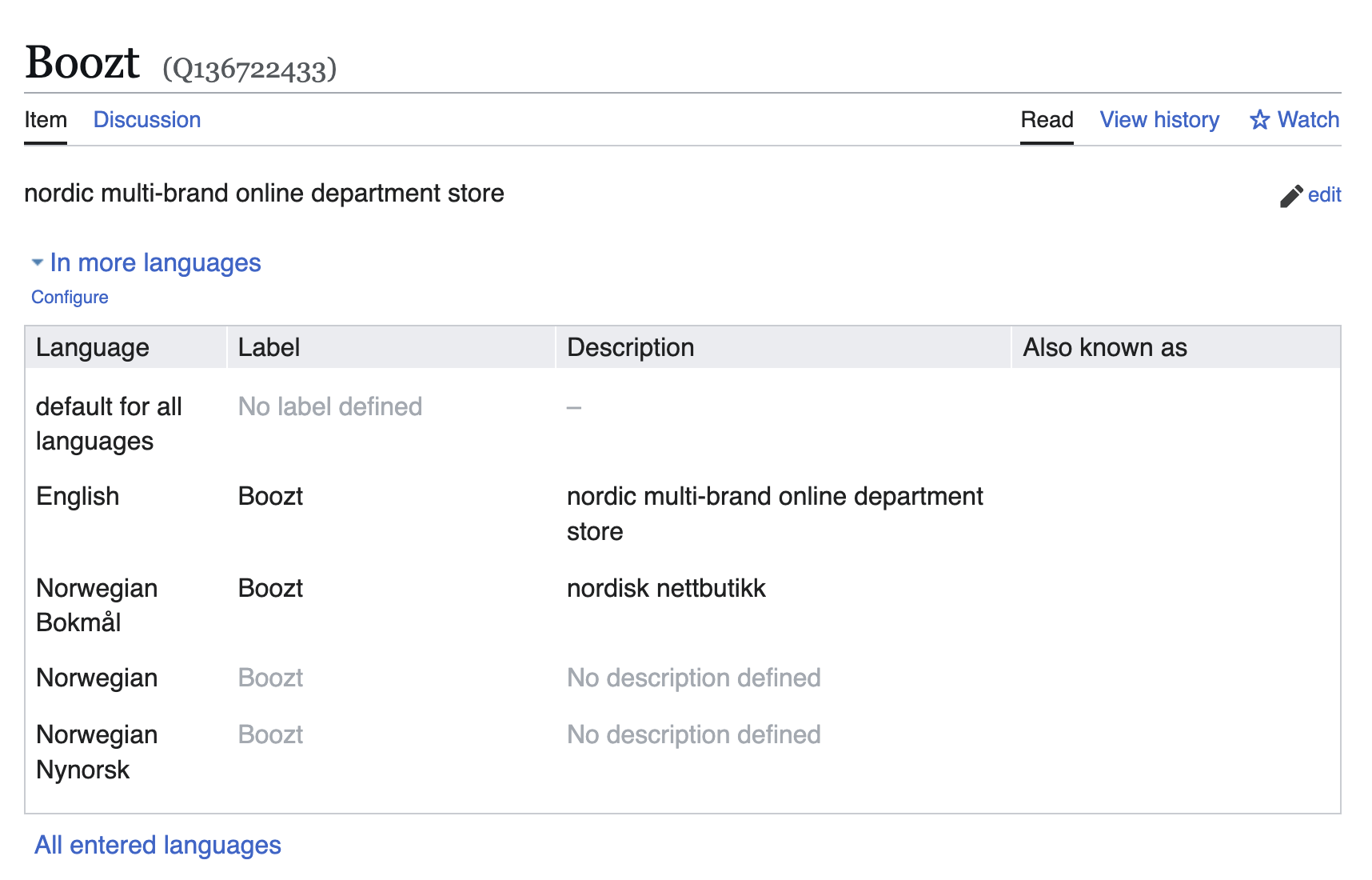 Skjermbilde fra Wikidata som viser oppføringen for Boozt: merkenavnet øverst med entitets-ID-en, beskrivelsen «nordic multi-brand online department store», og en tabell med etikett og beskrivelse per språk — engelsk, norsk bokmål og norsk nynorsk.